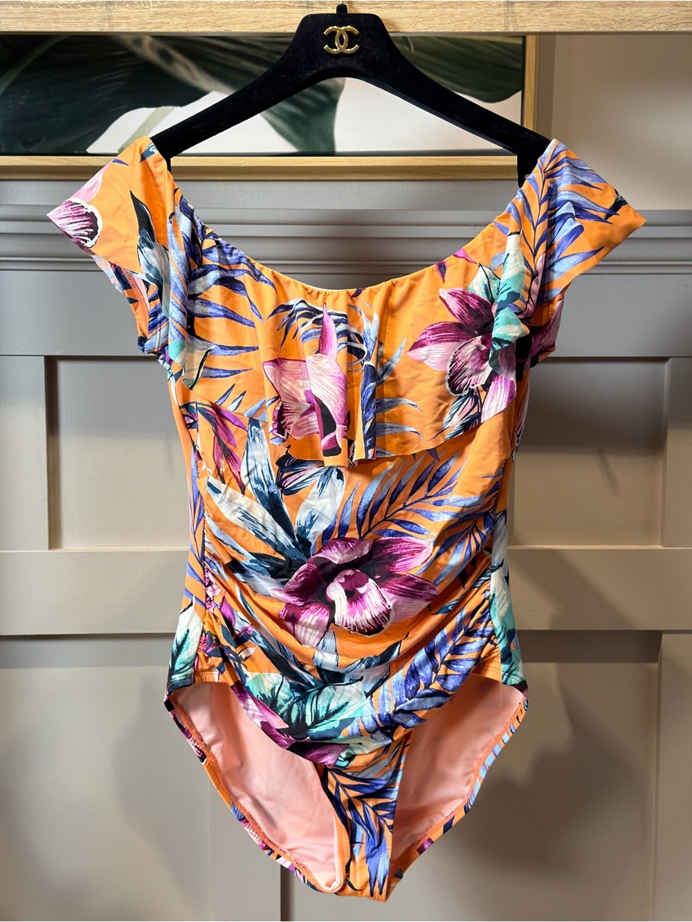 Liz Claiborne Tropical Floral Off-Shoulder One-Piece Swimsuit - Orange